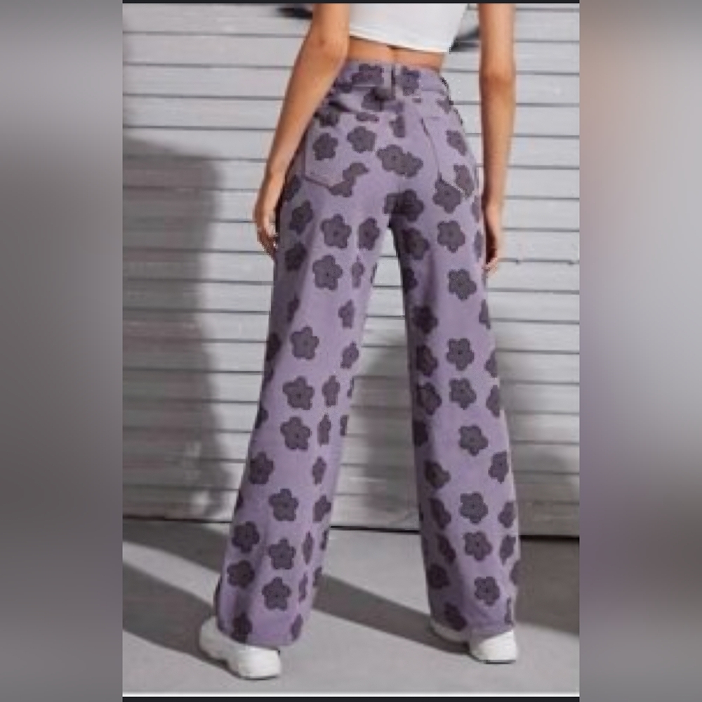 SHEIN Purple Floral Wide Leg Jeans - Picture 3 of 8